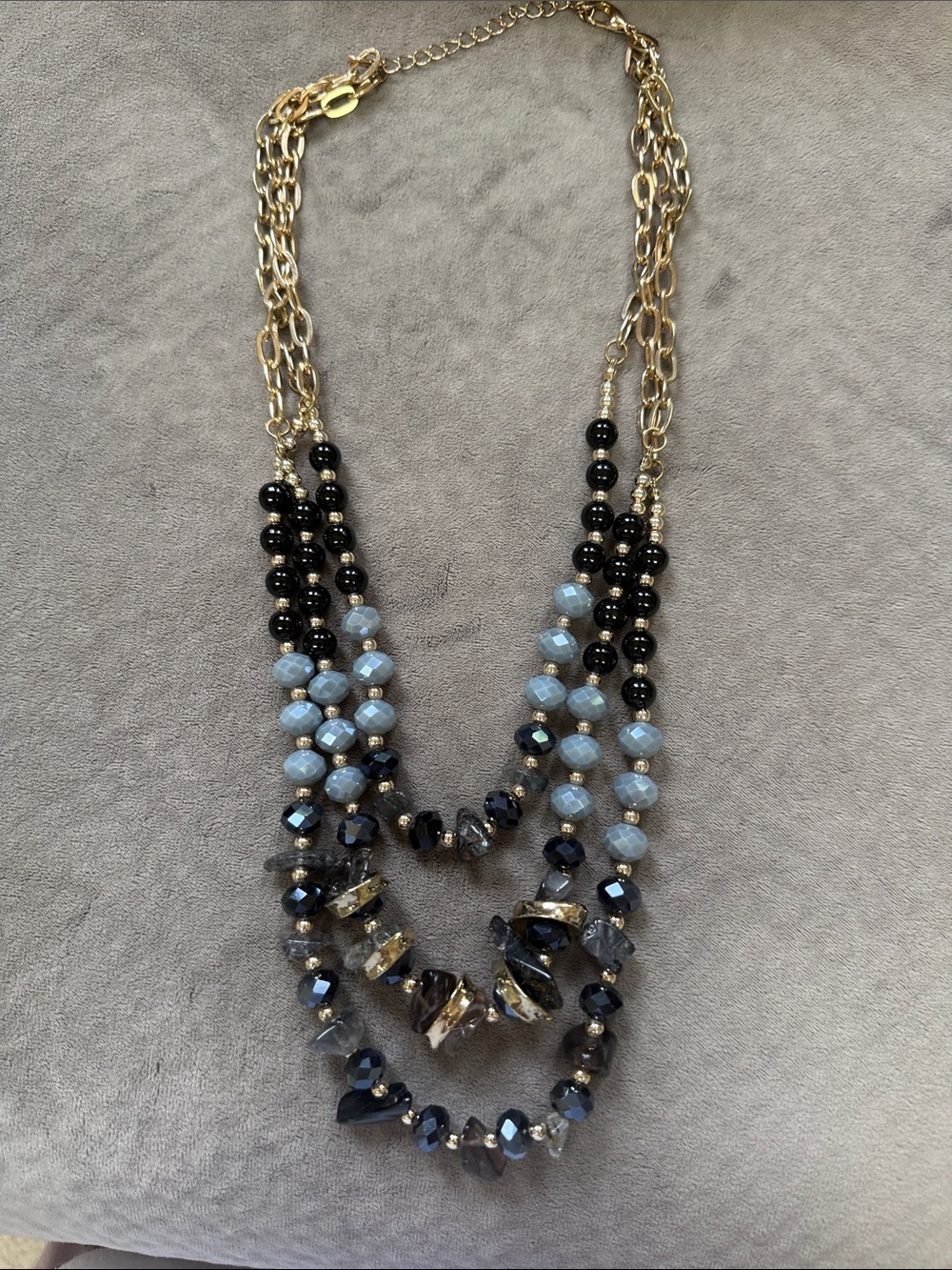 Gold Multi-Strand Necklace with Black and Light Blue Beads